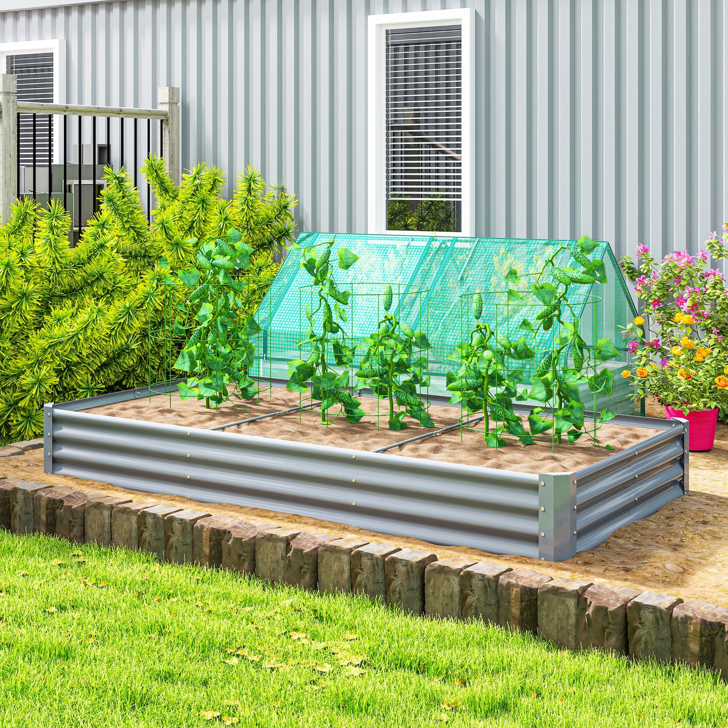 Galvanised Raised Garden Bed, 240 x 120 x 30cm Raised Bed with Reinforcing Bars, Outdoor Raised Planter with Open Bottom for Vegetables, Flowers, Herbs, Silver