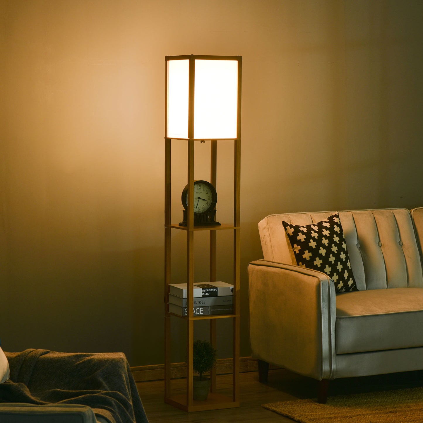 Floor Lamp Reading Lamp with 3-Tier Storage Shelf for Home Office Natural