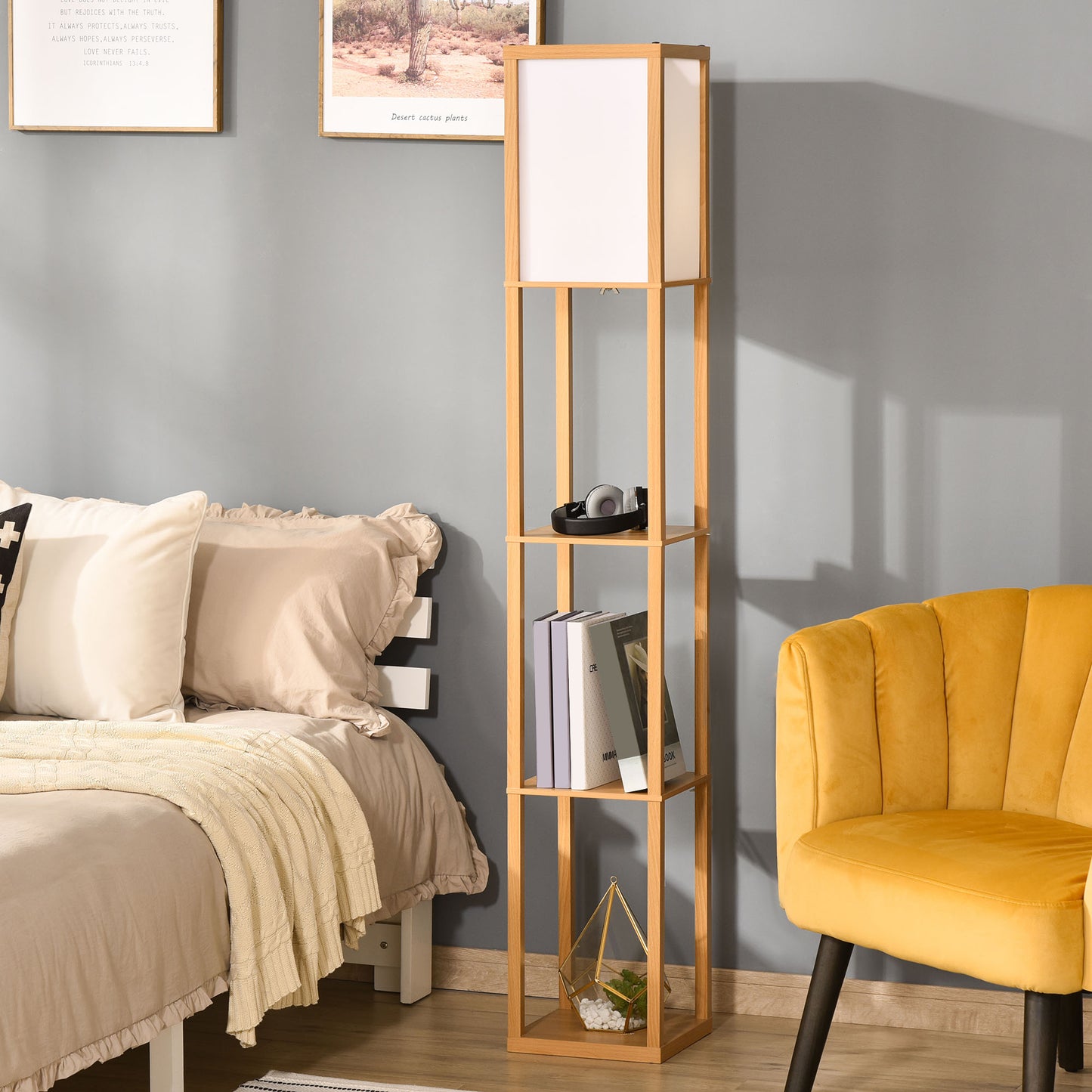 Floor Lamp Reading Lamp with 3-Tier Storage Shelf for Home Office Natural