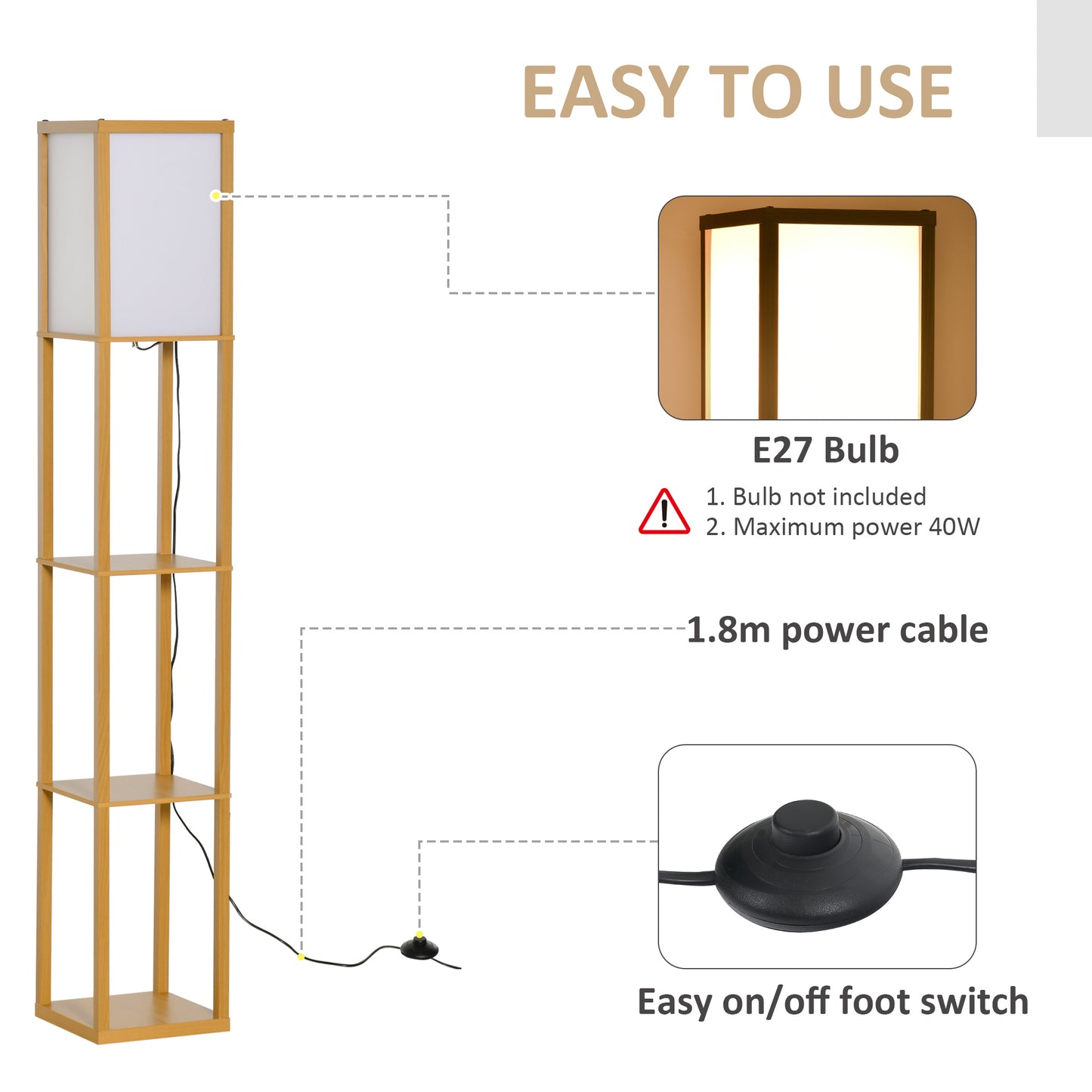 Floor Lamp Reading Lamp with 3-Tier Storage Shelf for Home Office Natural