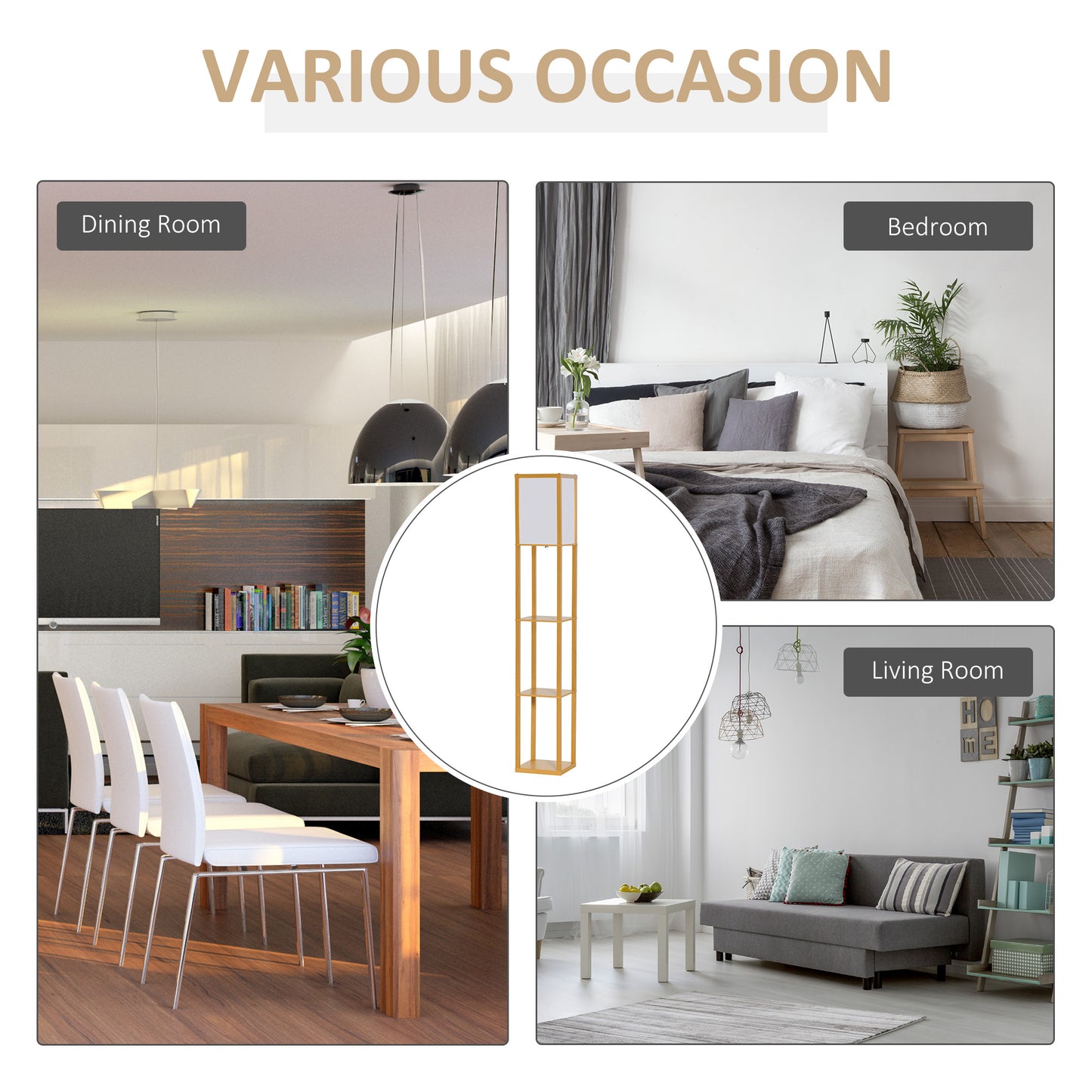 Floor Lamp Reading Lamp with 3-Tier Storage Shelf for Home Office Natural