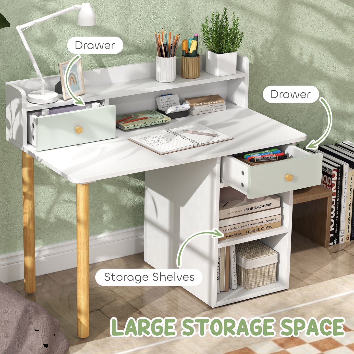 Kids Desk and Chair Set, Children Study Table with Hutch, Storage, Drawer, Shelves, for Studying, Reading, Drawing, for Ages 3-8 Years, Green
