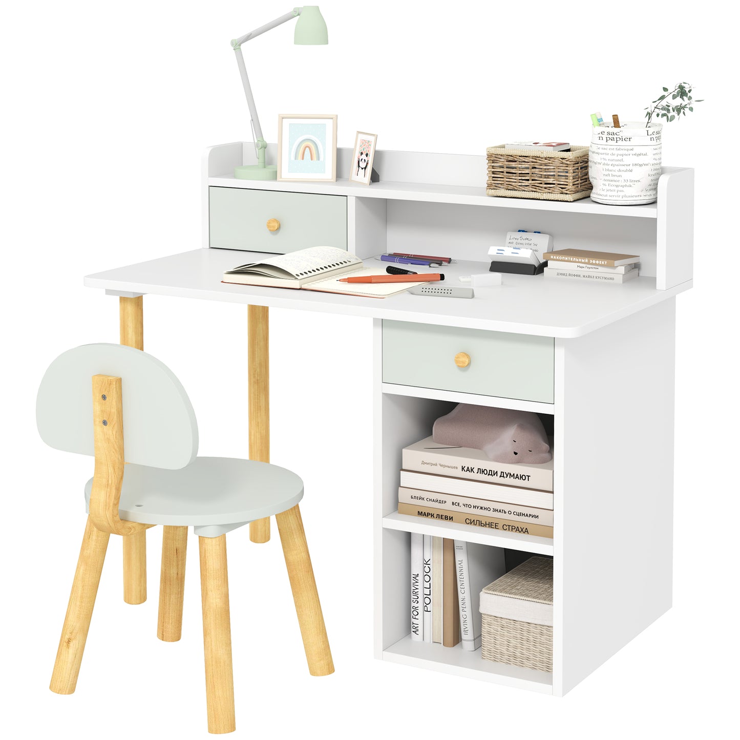 Kids Desk and Chair Set, Children Study Table with Hutch, Storage, Drawer, Shelves, for Studying, Reading, Drawing, for Ages 3-8 Years, Green