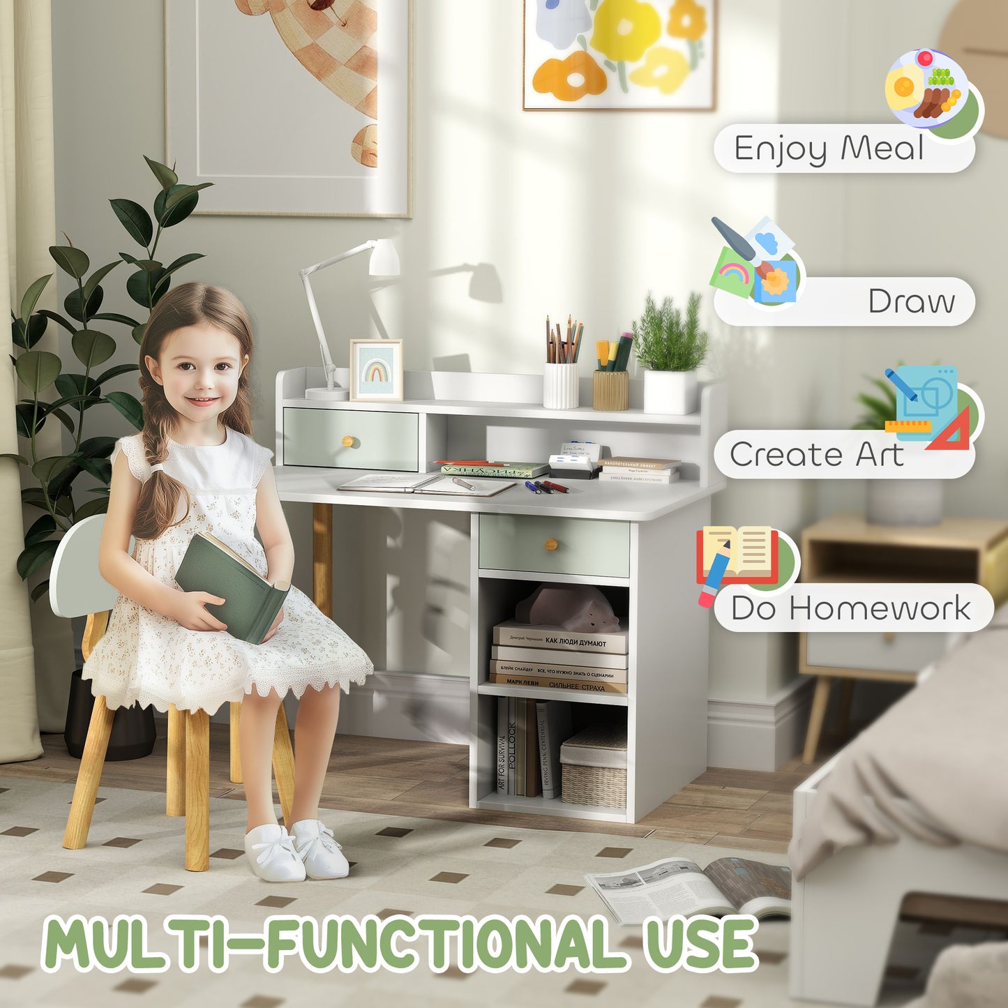 Kids Desk and Chair Set, Children Study Table with Hutch, Storage, Drawer, Shelves, for Studying, Reading, Drawing, for Ages 3-8 Years, Green