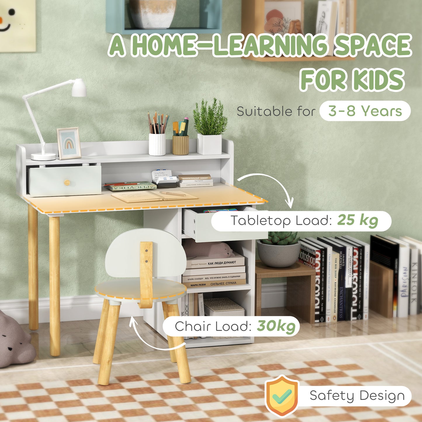 Kids Desk and Chair Set, Children Study Table with Hutch, Storage, Drawer, Shelves, for Studying, Reading, Drawing, for Ages 3-8 Years, Green
