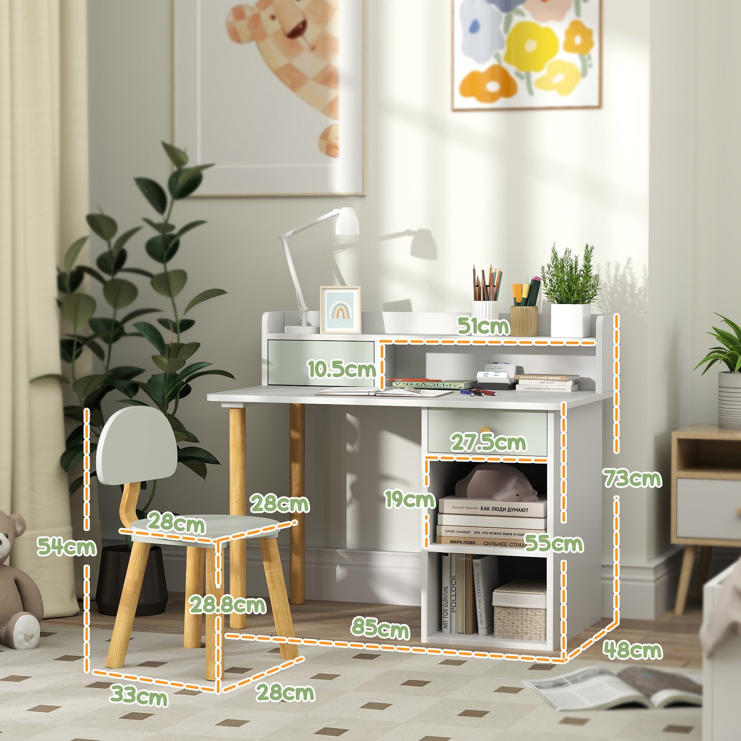 Kids Desk and Chair Set, Children Study Table with Hutch, Storage, Drawer, Shelves, for Studying, Reading, Drawing, for Ages 3-8 Years, Green