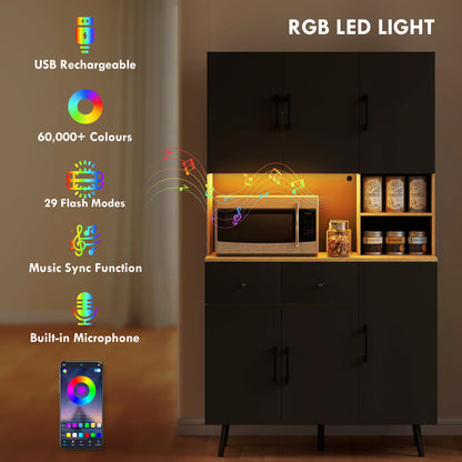 Tall Kitchen Cupboard with LED Lights and Adjustable Shelves, Oak