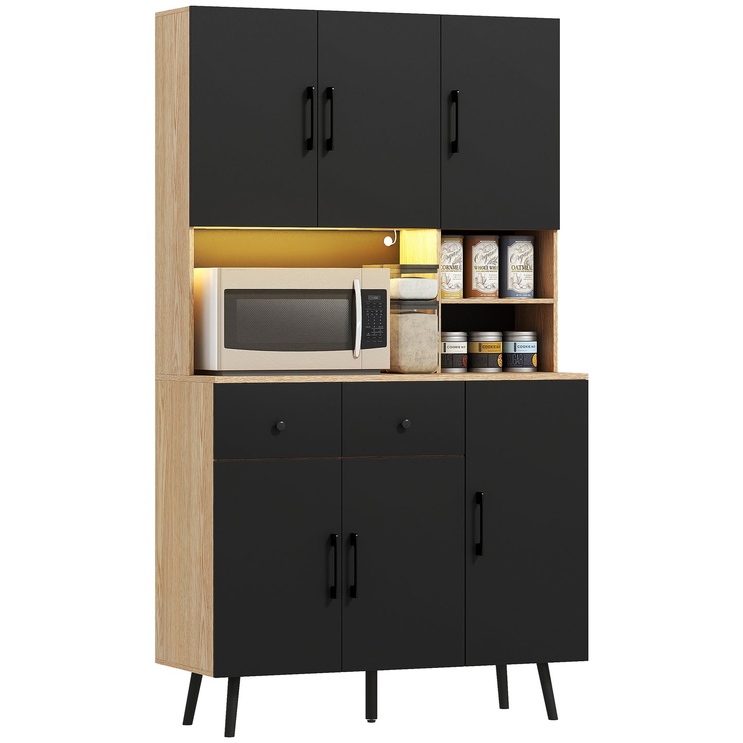 Tall Kitchen Cupboard with LED Lights and Adjustable Shelves, Oak
