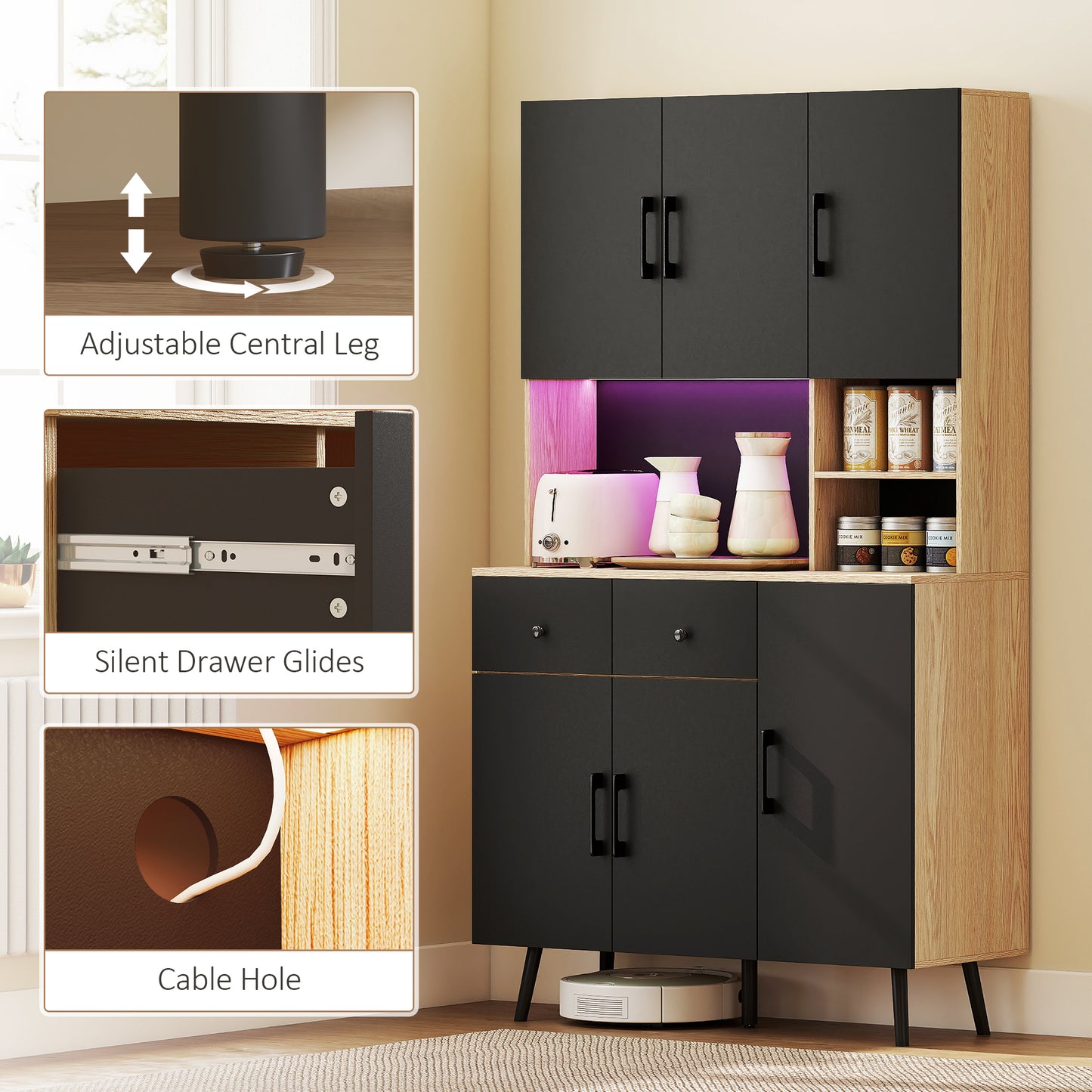 Tall Kitchen Cupboard with LED Lights and Adjustable Shelves, Oak