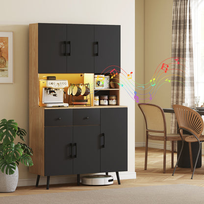 Tall Kitchen Cupboard with LED Lights and Adjustable Shelves, Oak