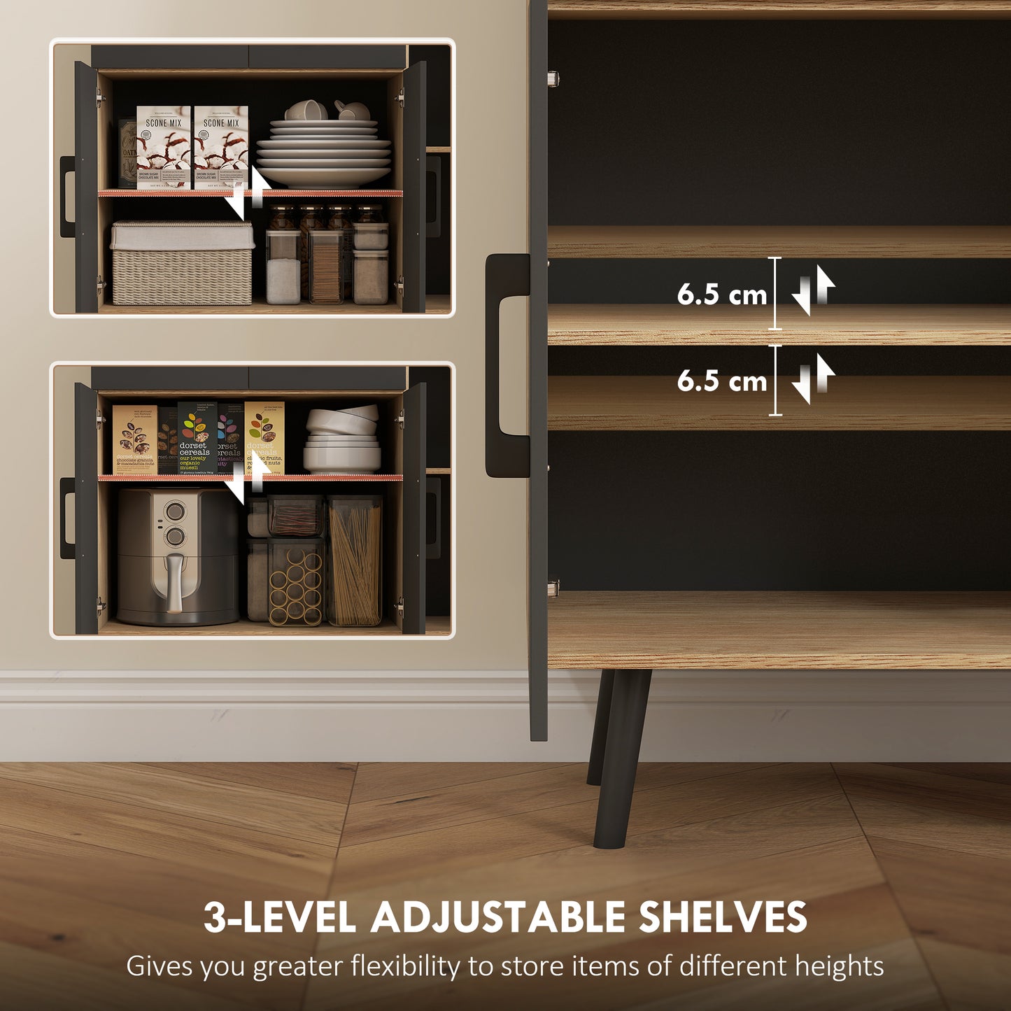 Tall Kitchen Cupboard with LED Lights and Adjustable Shelves, Oak