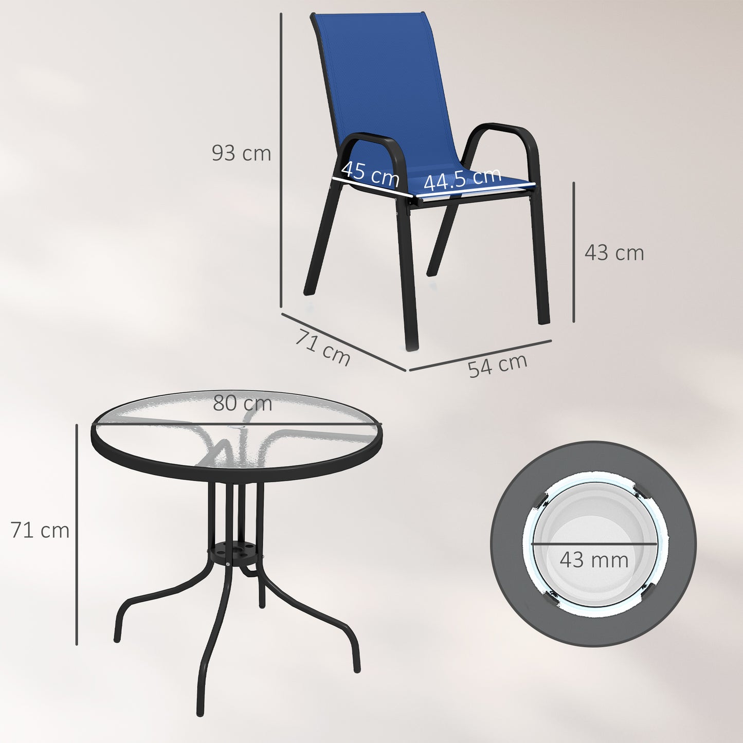 5 PCs Garden Furniture Set, Round Table and Stackable Chairs, Blue