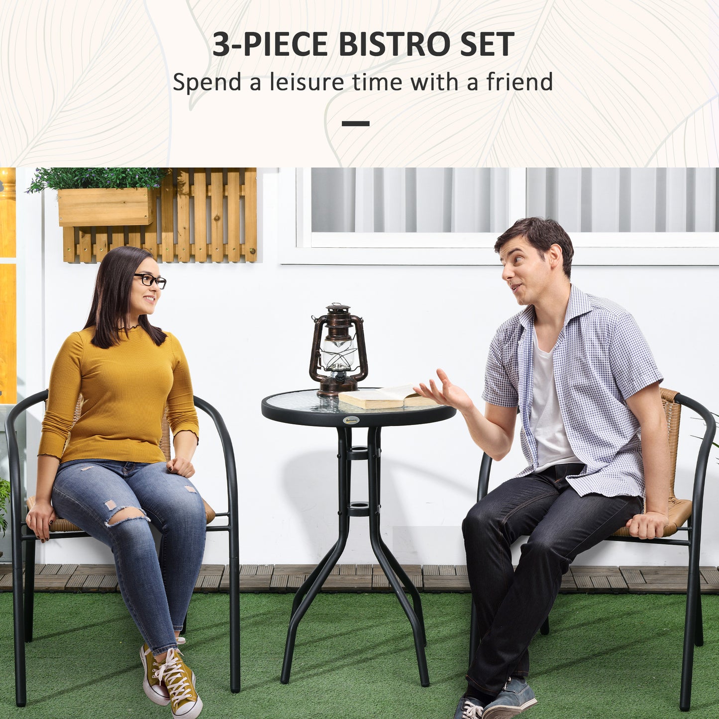 3 Pieces Garden Furniture Set with 2 Stackable Chairs, Brown