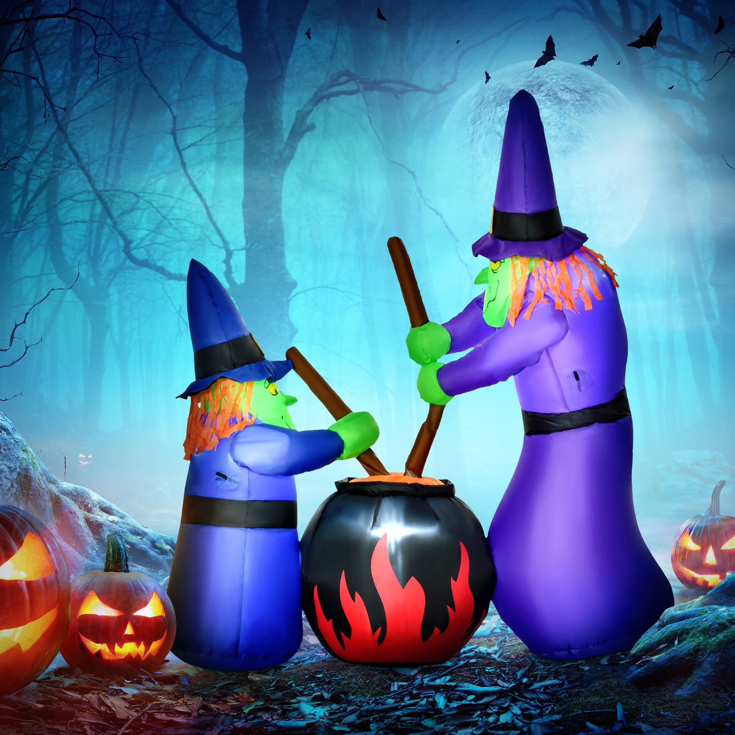 Inflatable Halloween Lawn Decoration with LED Witches Around A Black Cauldron