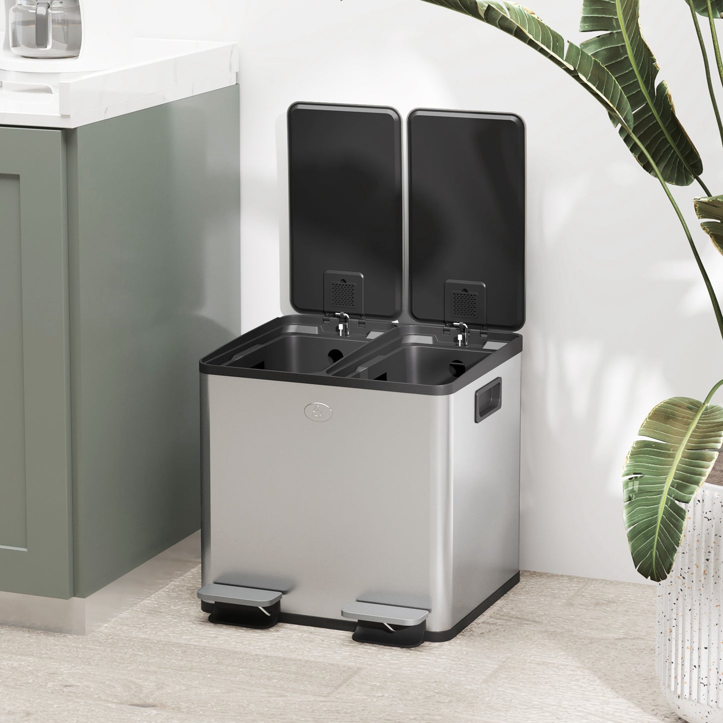 2x15L Dual Kitchen Bin Pedal Bin for Recycling and Waste, Silver Tone
