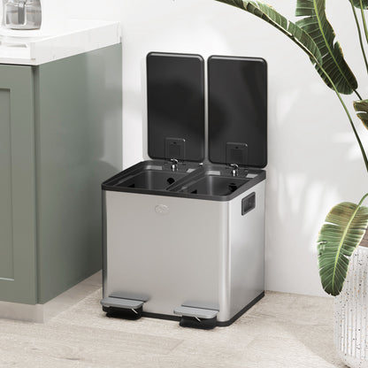 2x15L Dual Kitchen Bin Pedal Bin for Recycling and Waste, Silver Tone