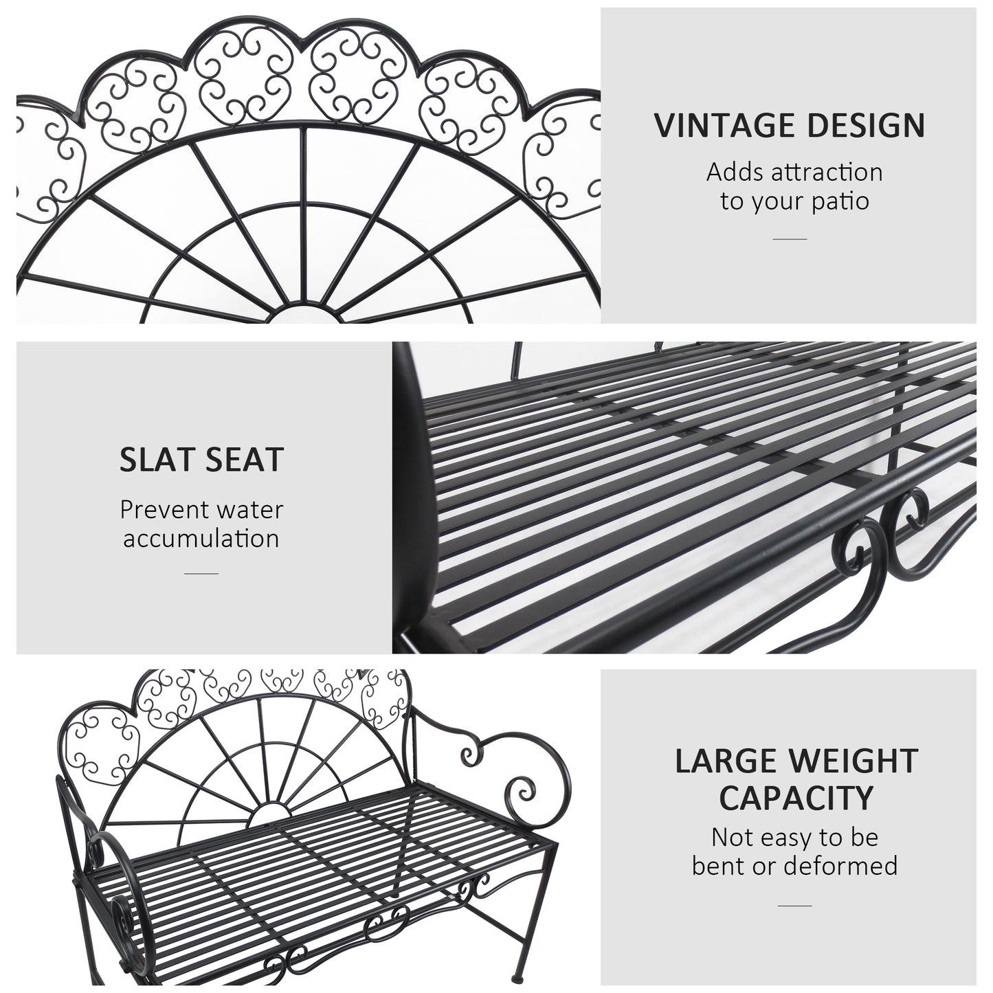 Garden Bench, Metal Outdoor Patio Garden Loveseat, Black