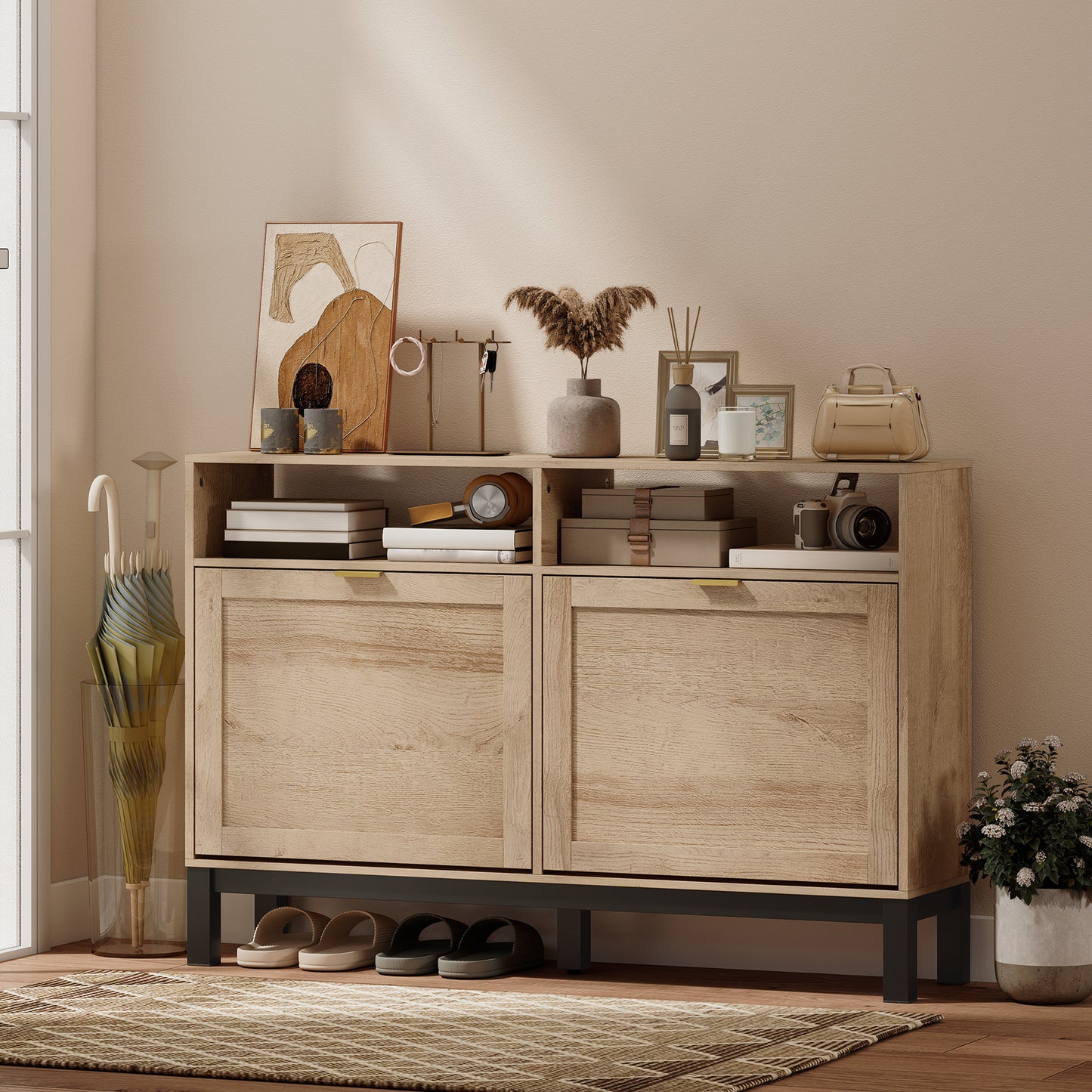 Narrow Shoe Cabinet with 2 Flip Drawers, Modern Shoe Storage Cabinet