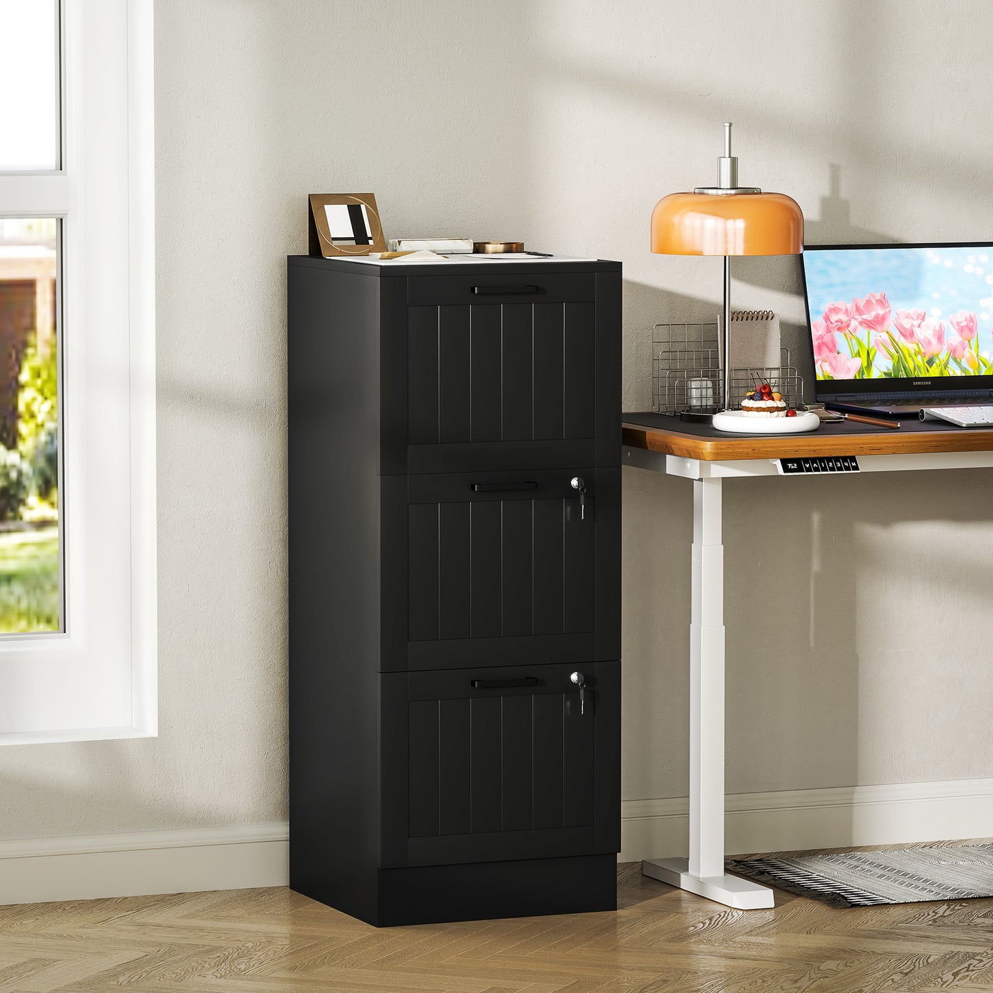 3 Drawer File Cabinet with Lock and Adjustable Hanging Bars, Black