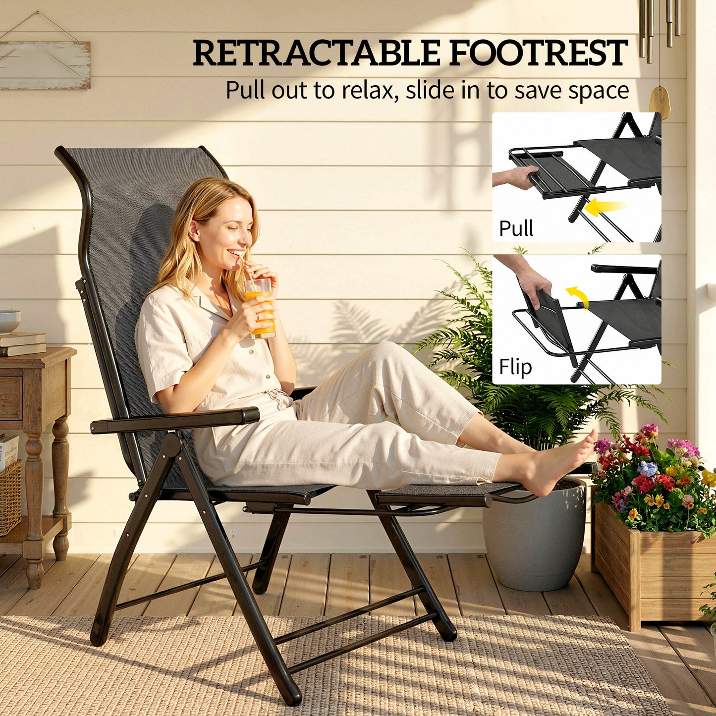 Folding Reclining Garden Chairs Set of 2 with Footrest, Dark Grey