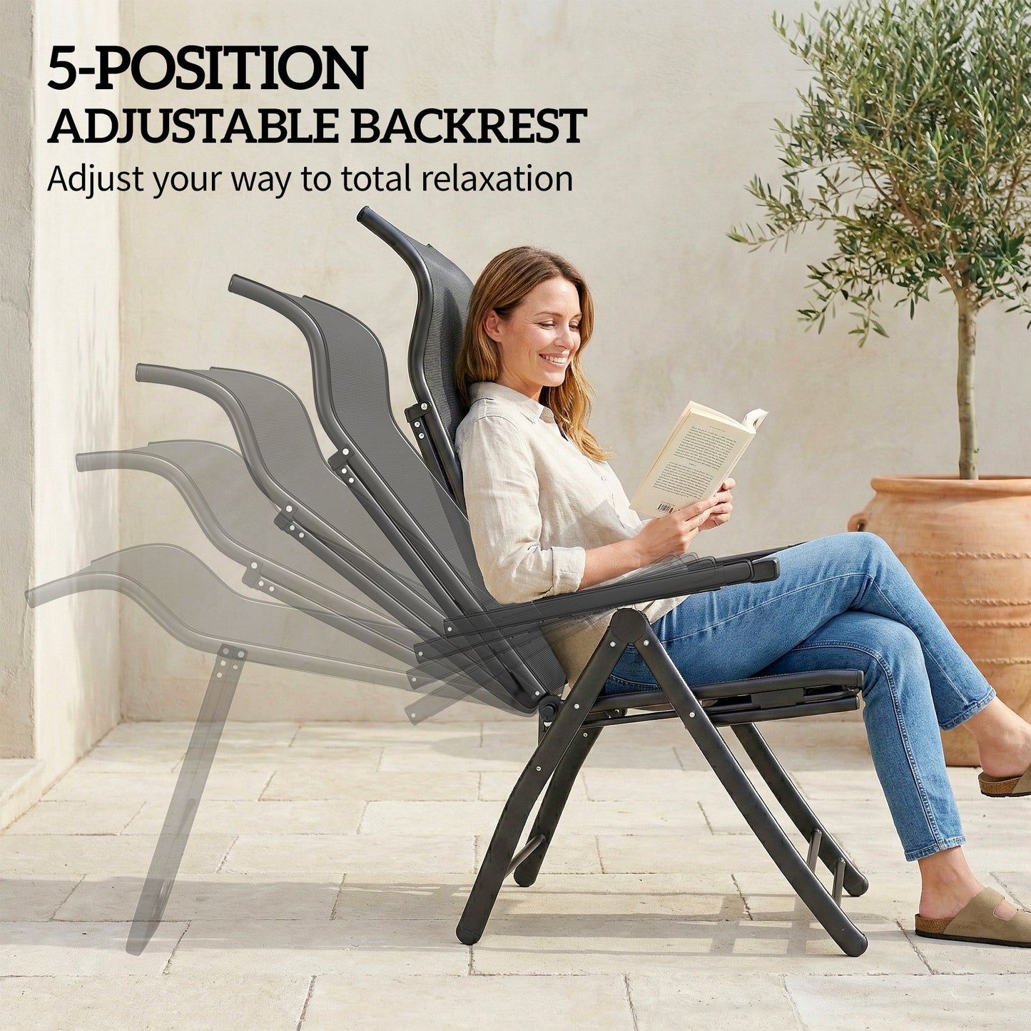 Folding Reclining Garden Chairs Set of 2 with Footrest, Dark Grey