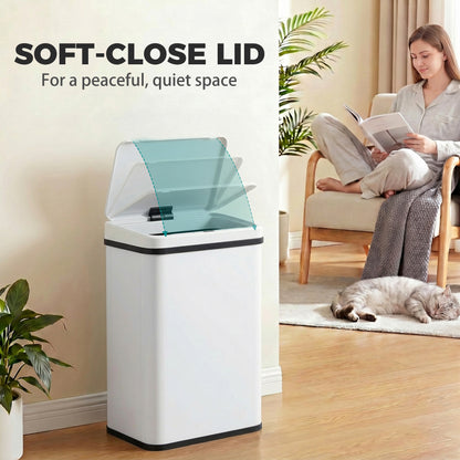 40L Sensor Bin with Quiet Soft-Close Lid, Automatic Touchless Motion Sensor Kitchen Bin with Fingerprint Resistant Stainless Steel for Hygienic Gyms, Home Office Use, White