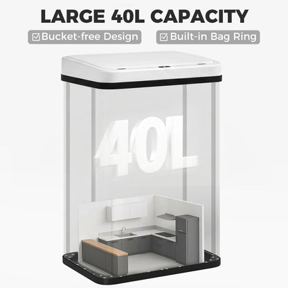 40L Sensor Bin with Quiet Soft-Close Lid, Automatic Touchless Motion Sensor Kitchen Bin with Fingerprint Resistant Stainless Steel for Hygienic Gyms, Home Office Use, White