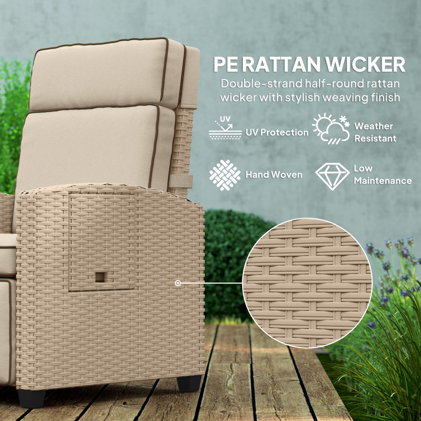 Rattan Garden Recliner Sun Lounger w/ Flip Table, Yellow/Beige
