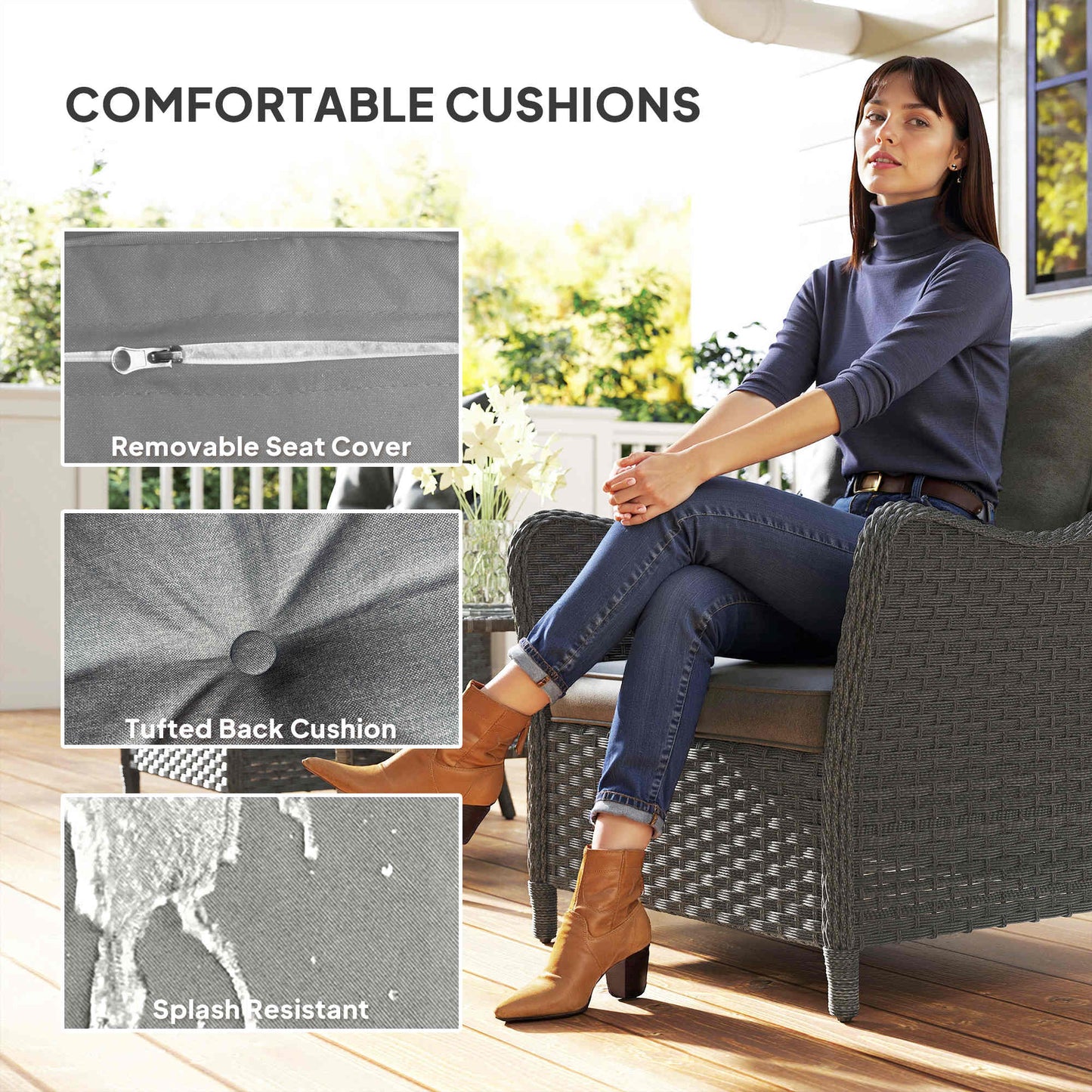 2 Pieces Rattan Garden Chairs, Cushioned Rattan Chairs, Dark Grey
