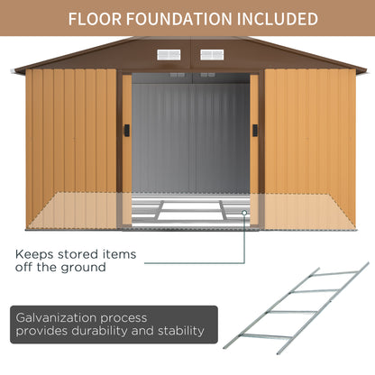 13 x 11ft Garden Metal Storage Shed Outdoor Storage Shed with Foundation Ventilation & Doors Brown
