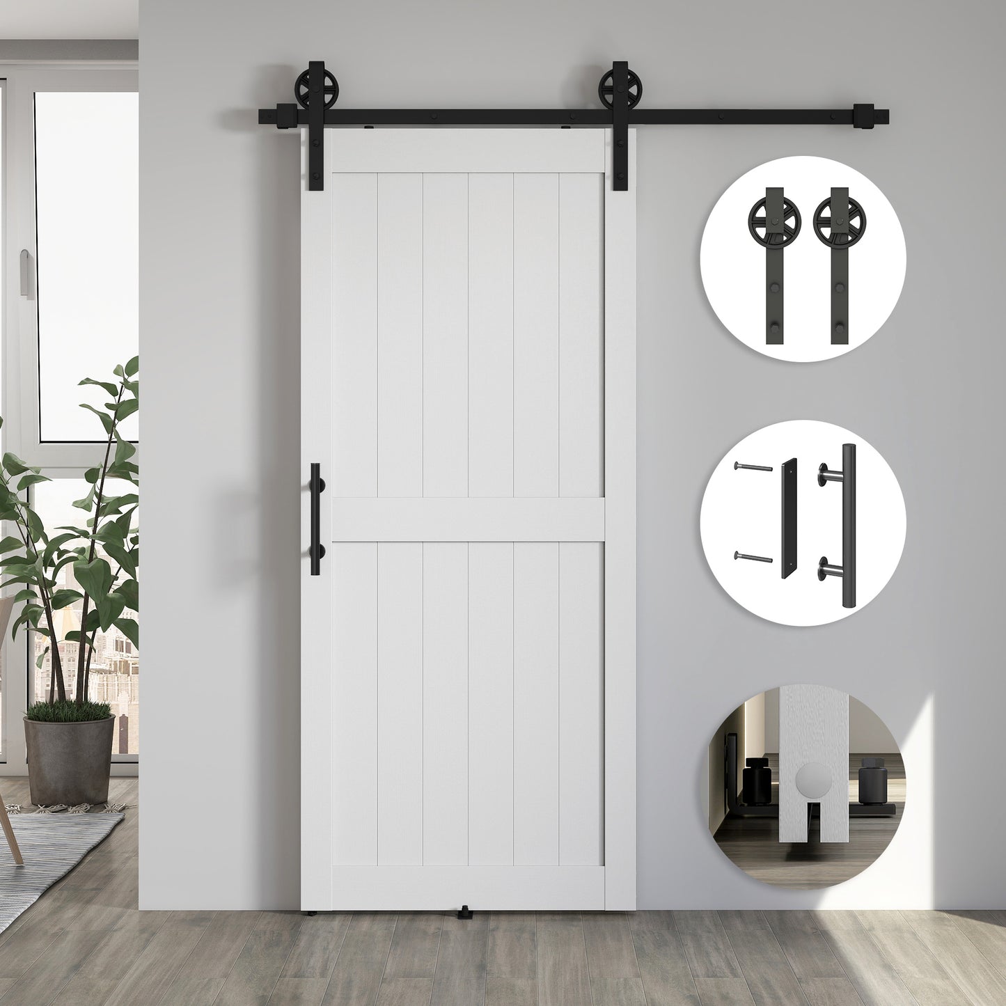 183cm Sliding Barn Door Kit, Sliding Door with Track, Hardware, Upgraded Rollers and Floor Guide, Industrial Handle, Water-Proof PVC Surface, White