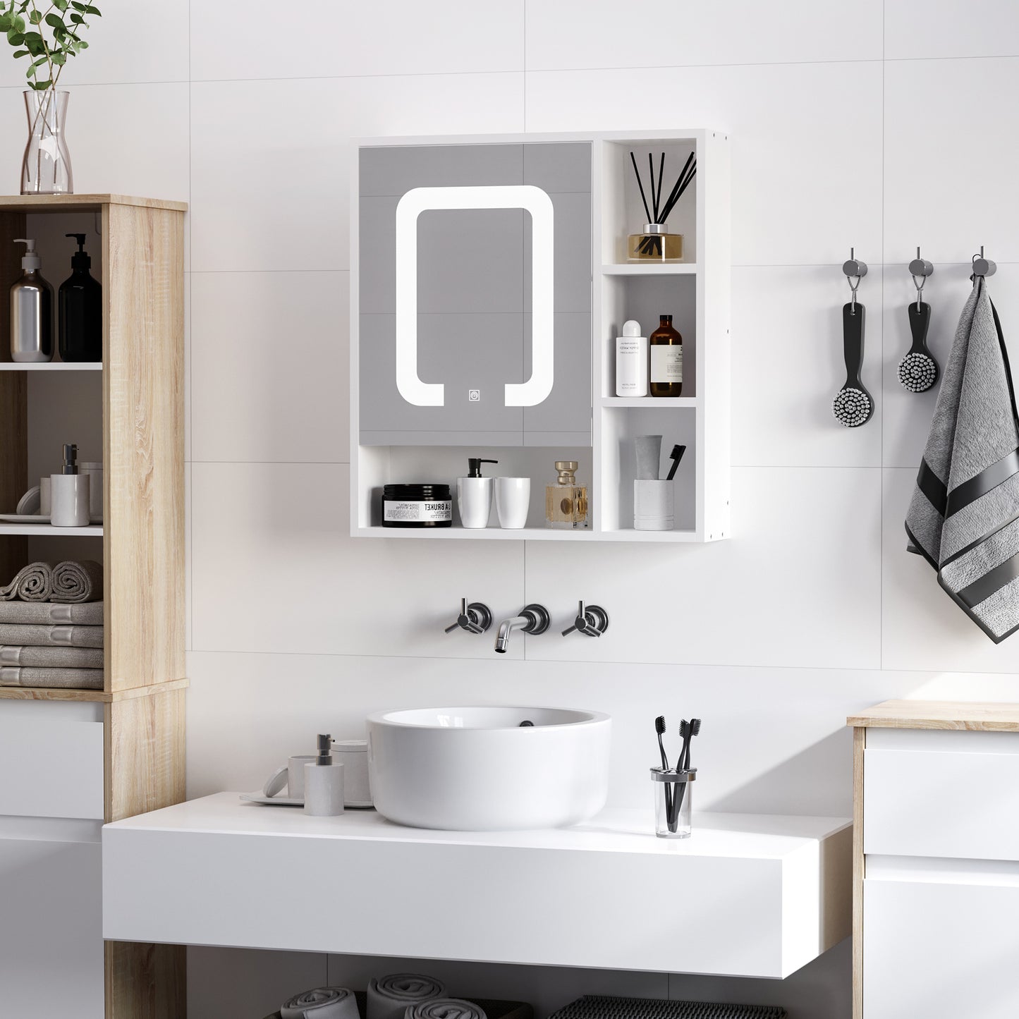 kleankin LED Illuminated Bathroom Mirror Cabinet, Wall-mounted Storage Organizer with Four Open Shelves, Dimmable Touch Switch, White