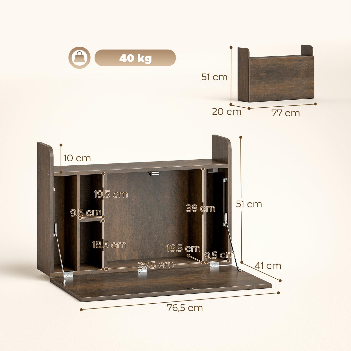 Wall Mounted Table w/ Space Saving Storage Compartments, Dark Brown