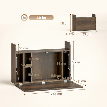 Wall Mounted Table w/ Space Saving Storage Compartments, Dark Brown