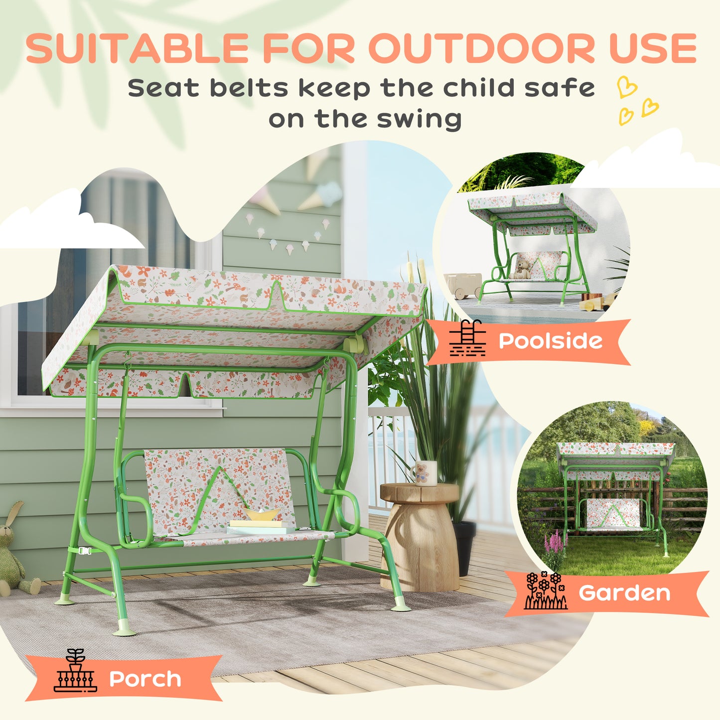 Kids Garden Swing Chair, Swing Seat with Adjustable Canopy, Green