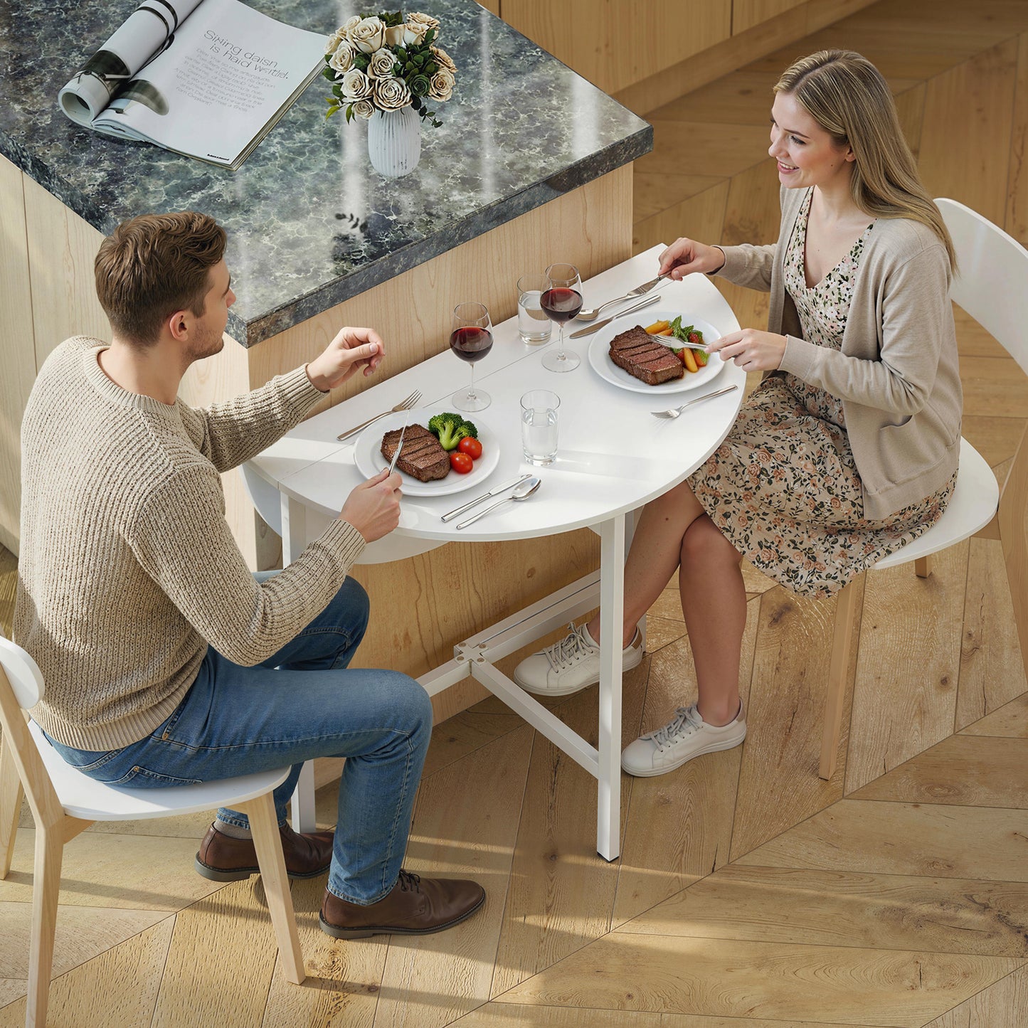 Folding Dining Table, Collapsible Drop Leaf Table for Small Spaces, Extendable Kitchen Table with Steel Frame, White