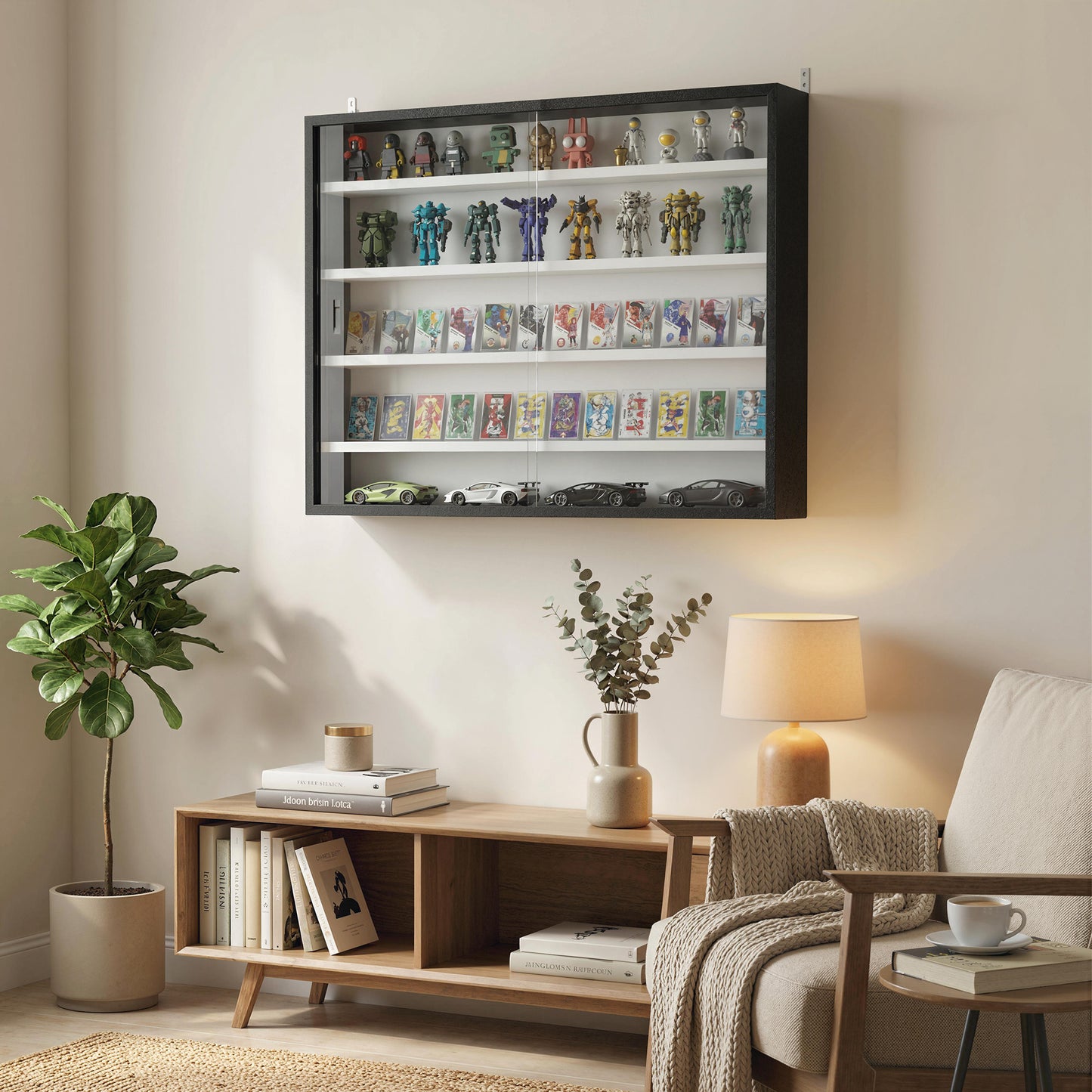 5-Tier Wall Display Shelf Cabinet with Glass Doors, Black and White