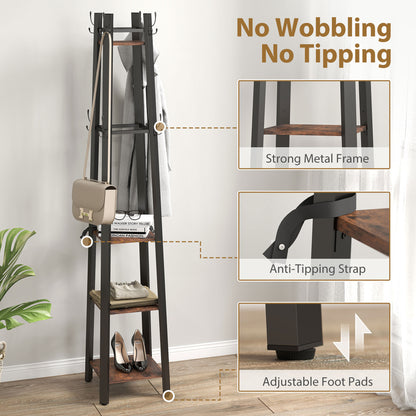 Industrial Coat Stand with 4 Storage Shelves and 8 Hooks Rustic Brown