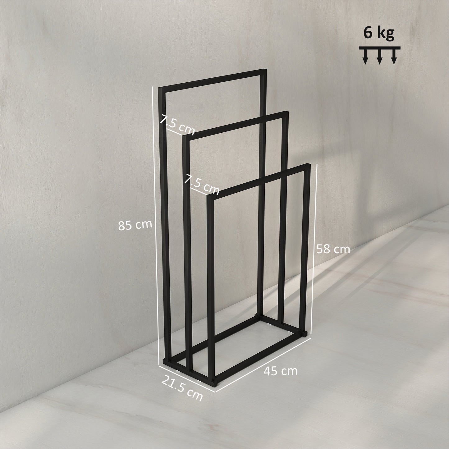 Freestanding Towel Rack, Steel Towel Rail Holder with 3 Bars, Space Saving for Home, Bathroom, 45 x 21.5 x 85 cm, Black