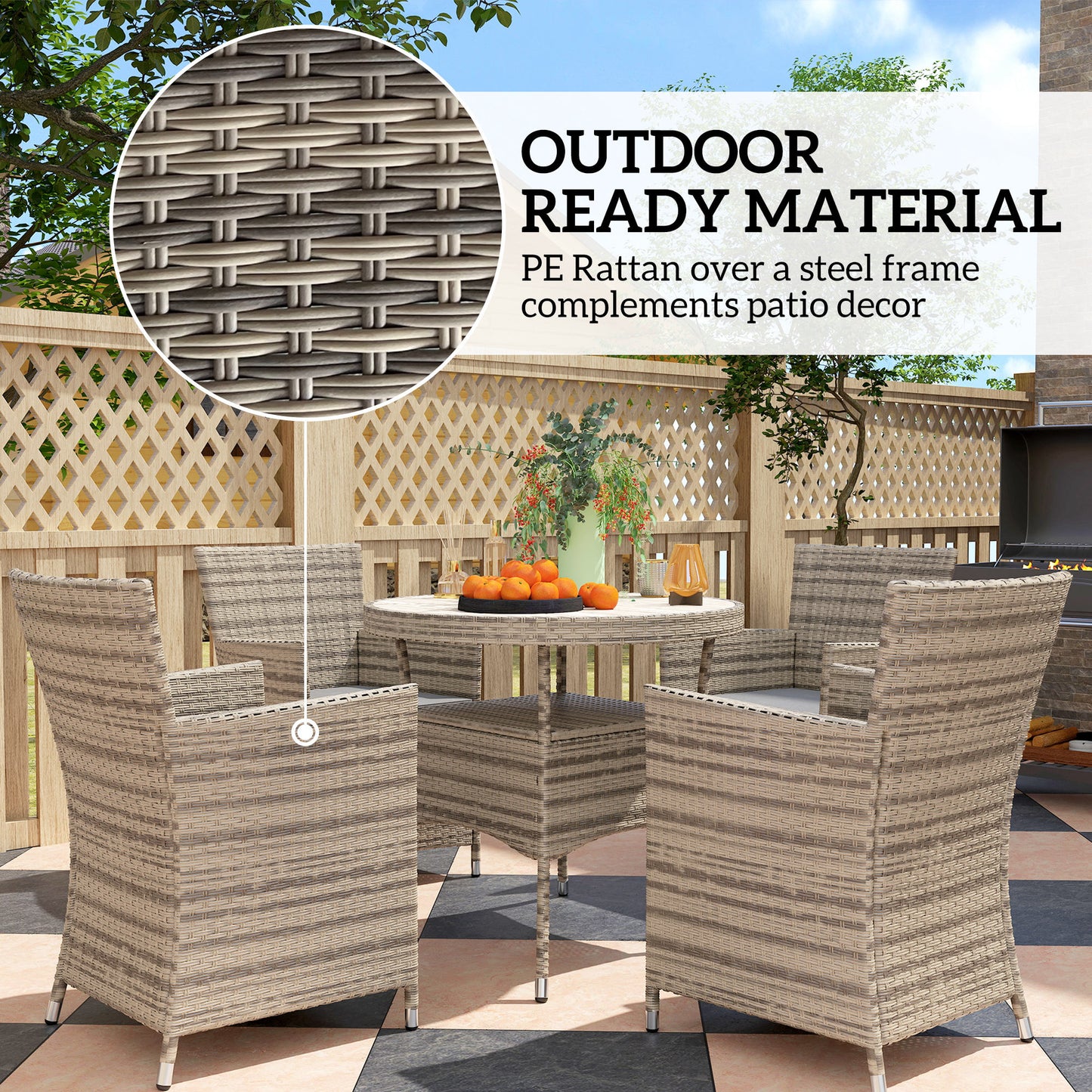 Rattan Dining Set for 4 with Cushions for Patio, Balcony, Grey