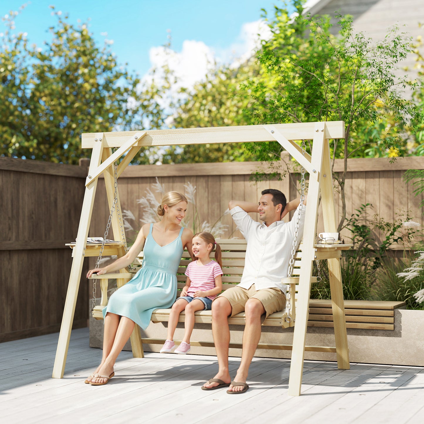 3 Seater Wooden Garden Swing Chair with Side Tables