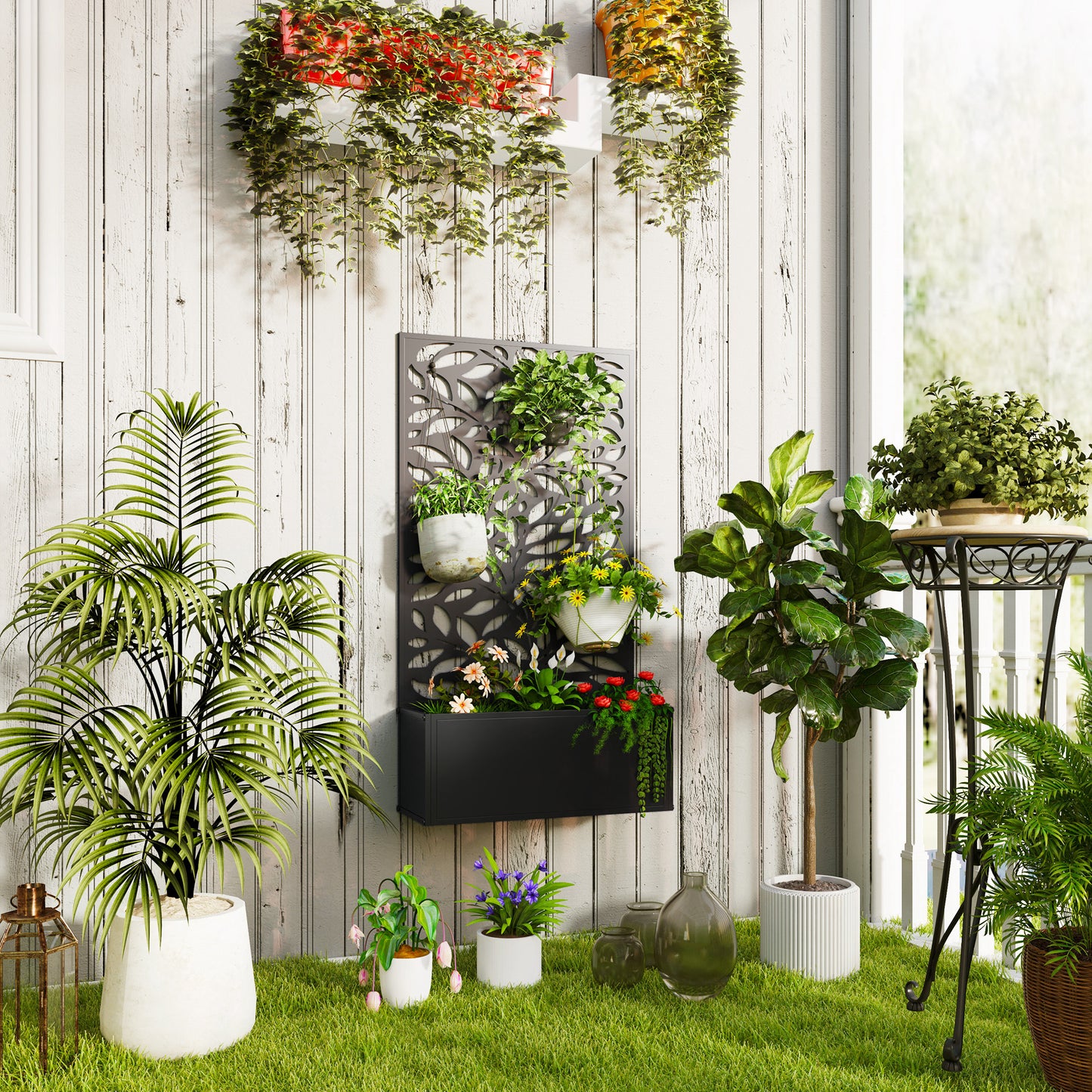 Metal Raised Garden Bed with Trellis, Outdoor Elevated Planter Box
