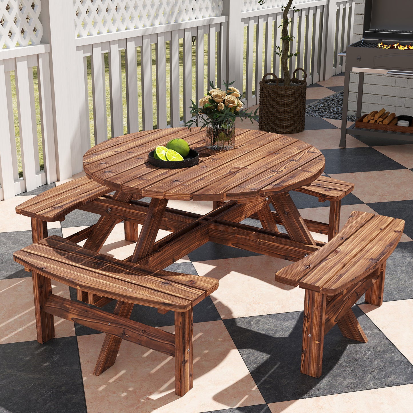 Garden Dining Set, 8 Seater Patio Furniture Set with Round Picnic Table, Parasol Hole for Outdoor Garden, Tan
