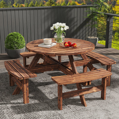 Garden Dining Set, 8 Seater Patio Furniture Set with Round Picnic Table, Parasol Hole for Outdoor Garden, Tan