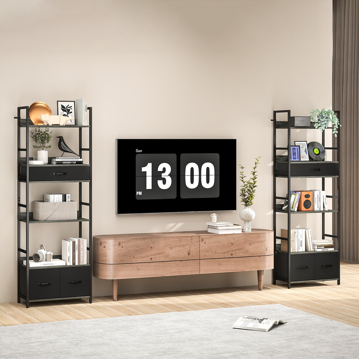 Industrial Bookshelf with 4 Shelves and 3 Fabric Drawers Grey