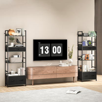 Industrial Bookshelf with 4 Shelves and 3 Fabric Drawers Grey