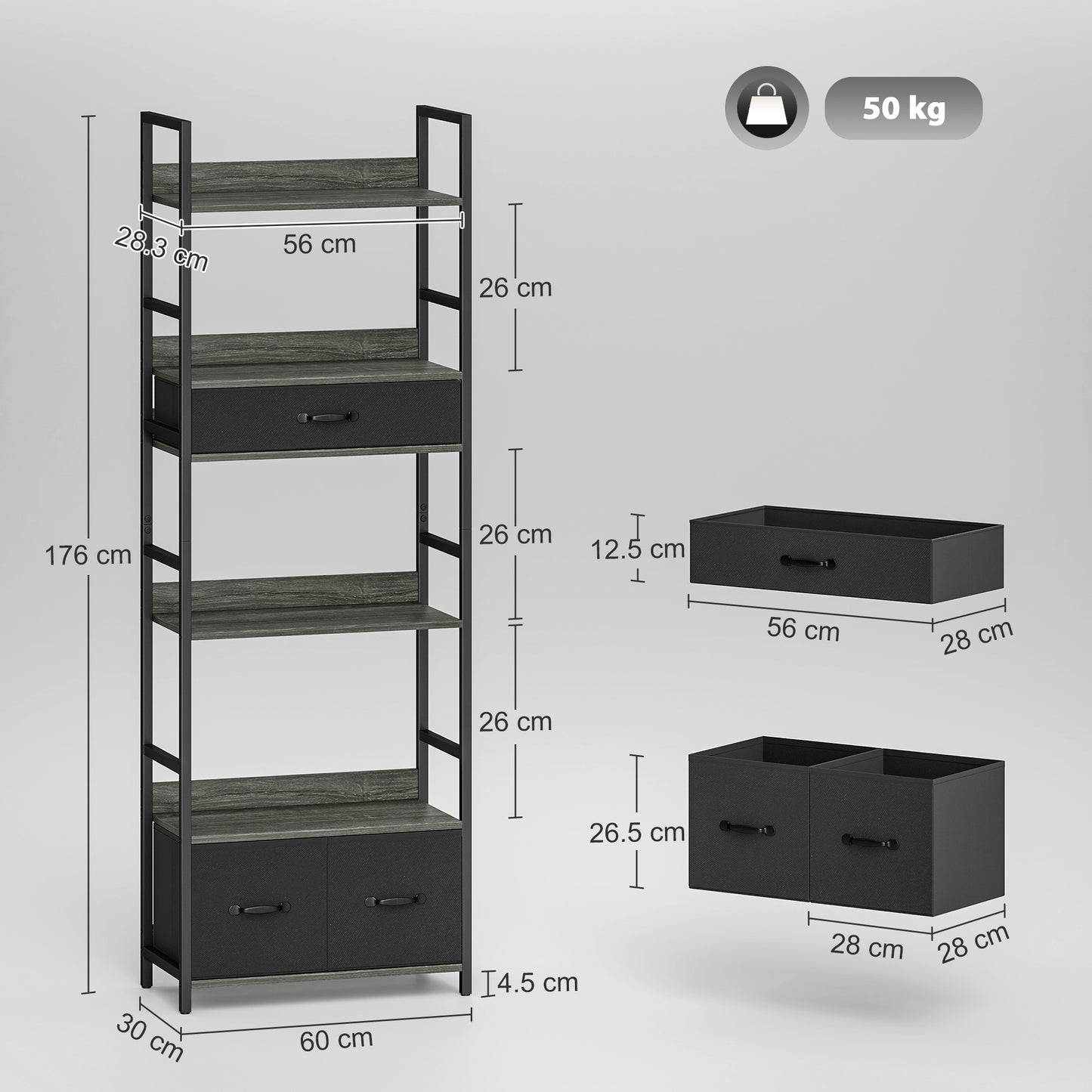 Industrial Bookshelf with 4 Shelves and 3 Fabric Drawers Grey