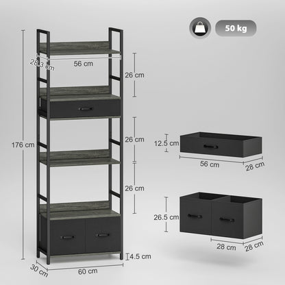 Industrial Bookshelf with 4 Shelves and 3 Fabric Drawers Grey
