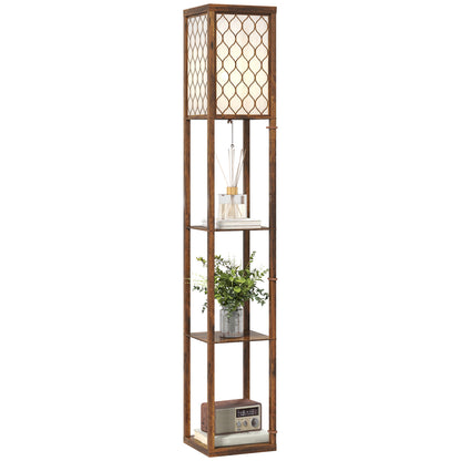Modern Floor Lamp Light with 3 Shelves Fabric Lampshade, Rustic Brown