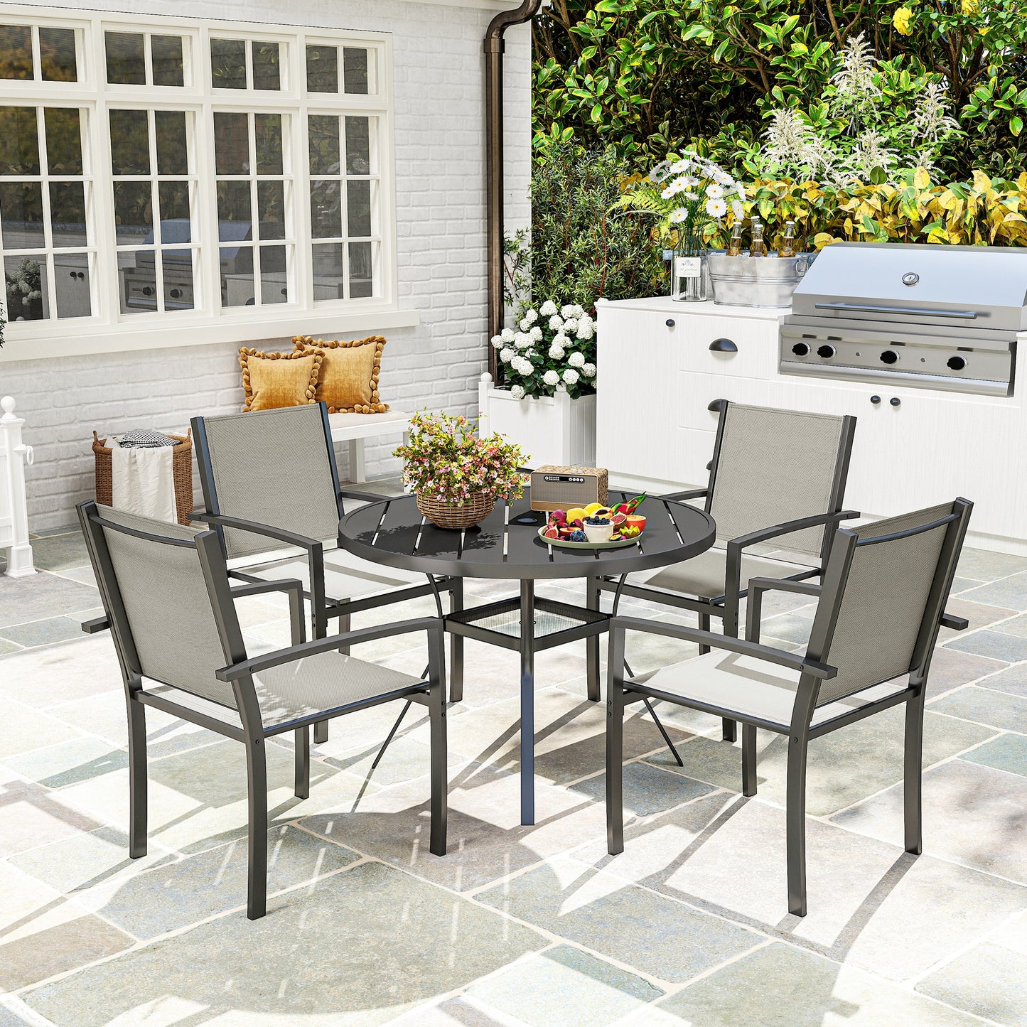 5 Piece Garden Furniture Set with Round Table & 4 Stackable Chairs